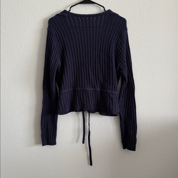 LOFT Ribbed Wrap Tie Cardigan Size L Navy Blue Cotton Blend Sweater - Picture 5 of 7